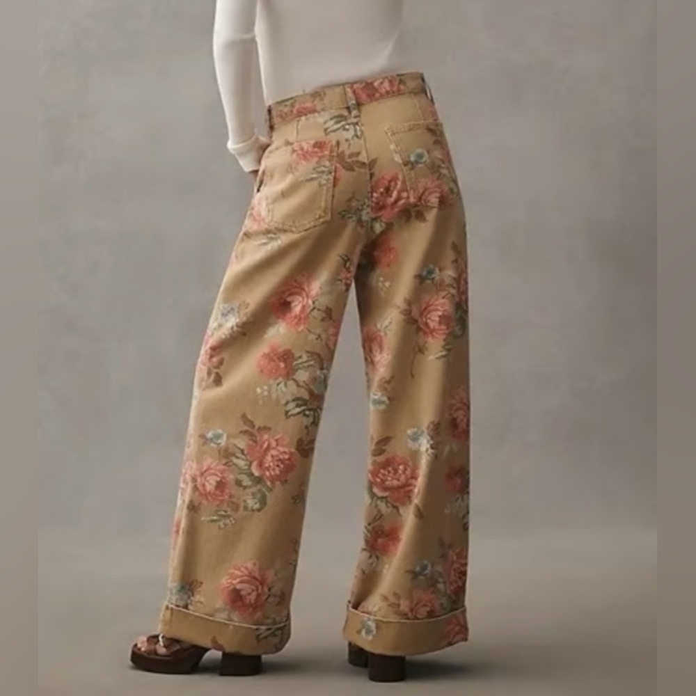 Anthropologie High-Rise Wide Leg Floral Jeans — Tan with Pink & Blue Flowers - Picture 2 of 10